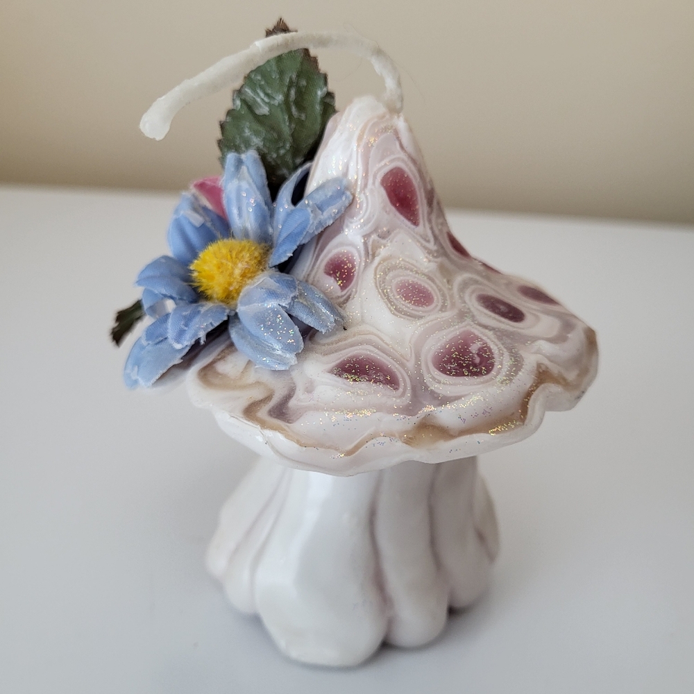 Pink and White Glittery Fairy Mushroom with Applied Flowers Candle